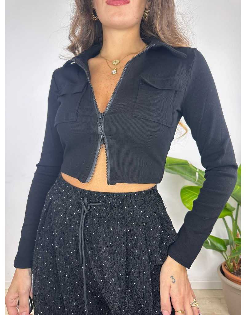POLO CROP A COSTINE NERA