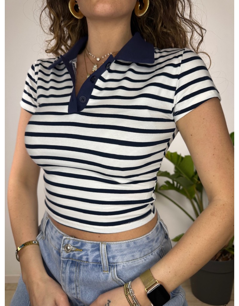POLO CROP FIONY BIANCA RIGHE BLU