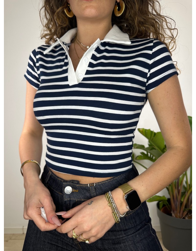 POLO CROP FIONY BLU RIGHE BIANCHE