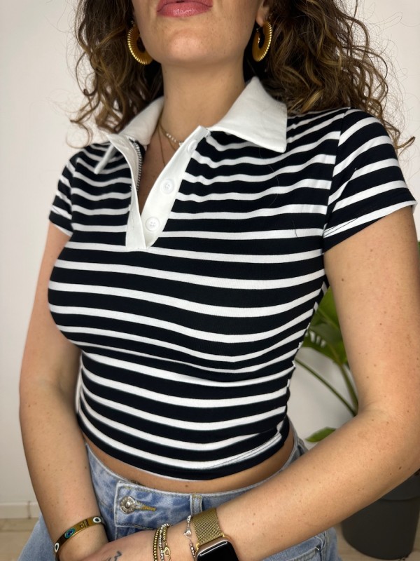 POLO CROP FIONY NERA RIGHE BIANCHE