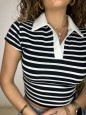 POLO CROP FIONY NERA RIGHE BIANCHE