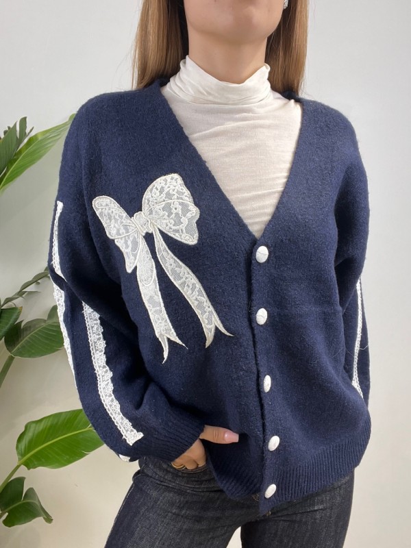CARDIGAN FIOCCO PIZZO BLU
