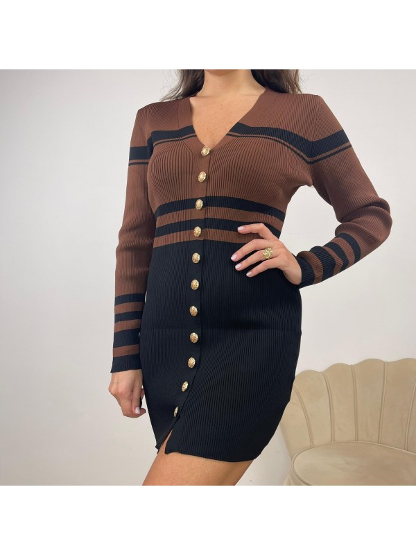 DRESS BICOLORE CON BOTTONI MARRONE