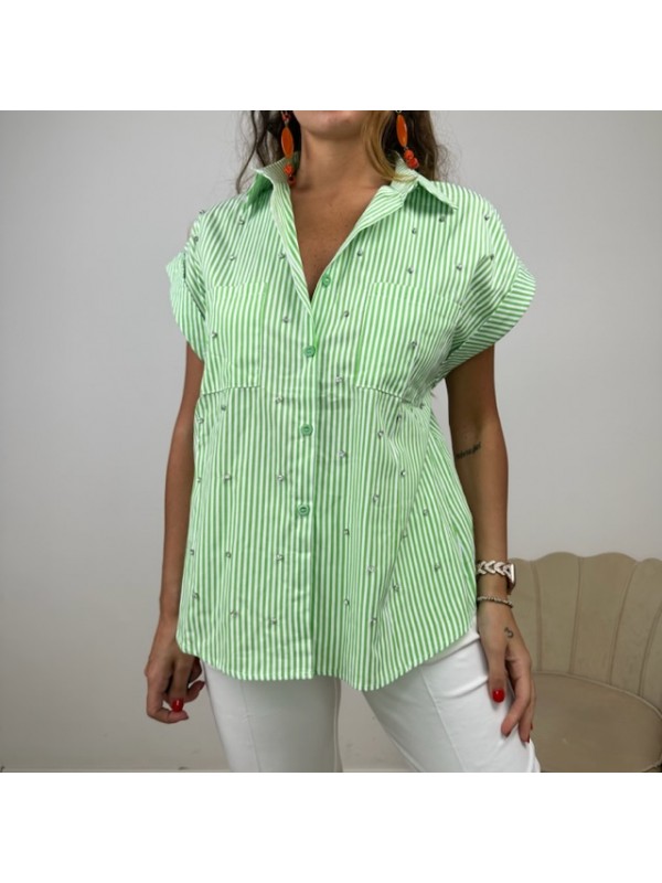 CAMICIA RIGHE E STRASS VERDE
